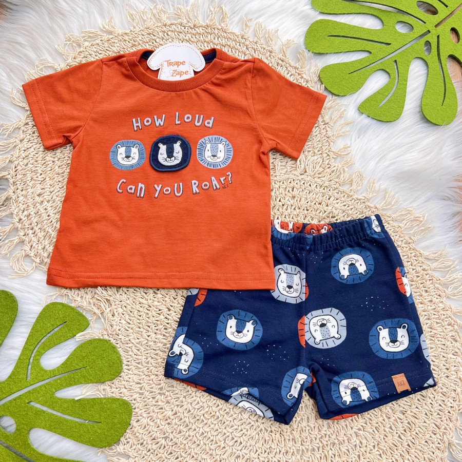 Conj. Camiseta Can You Roar? e Bermuda Leões - Ferrugem e Azul Marinho